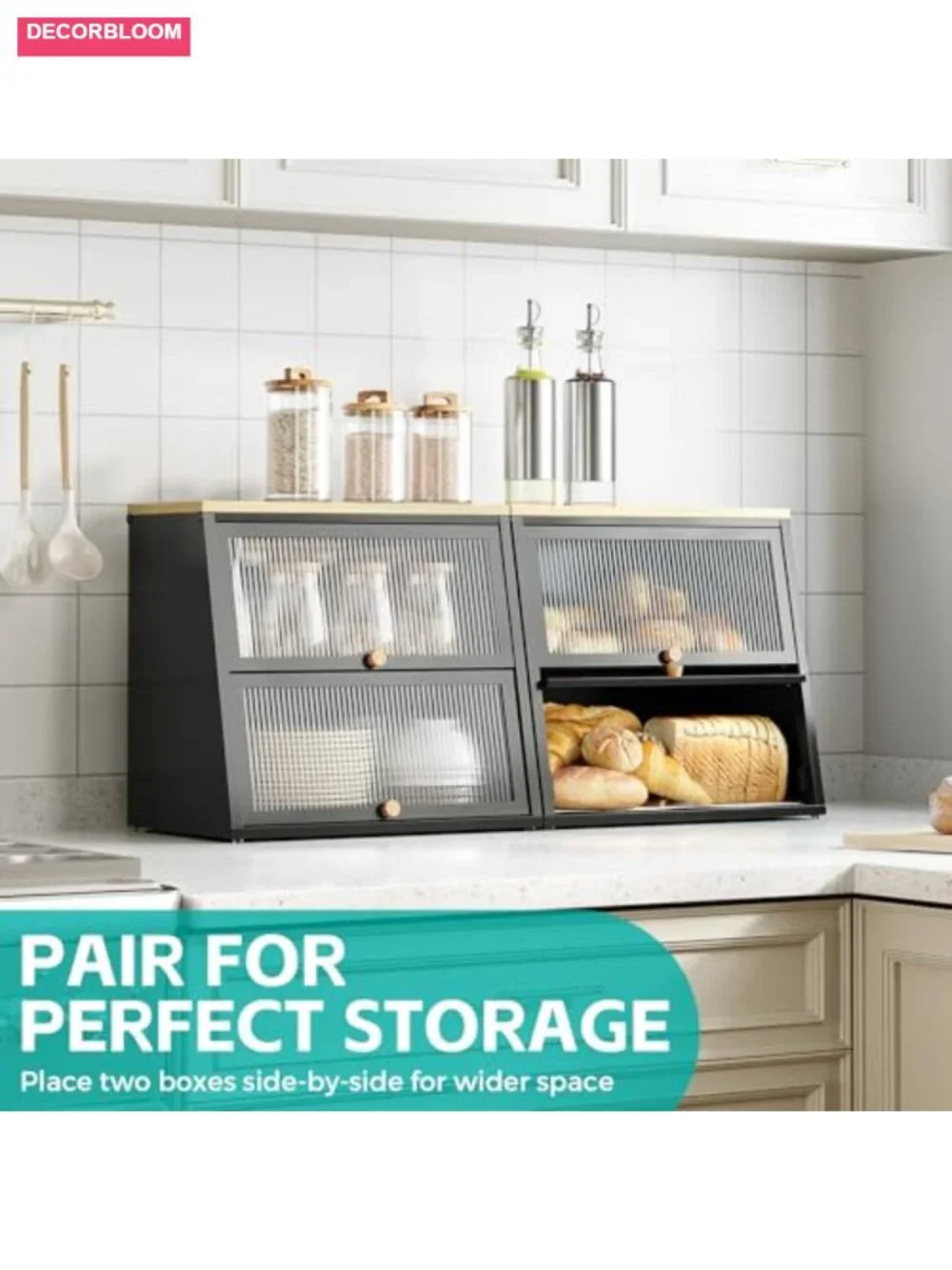 2-Tier Bread Box Storage Container with Bamboo Top and Acrylic Wavy Door